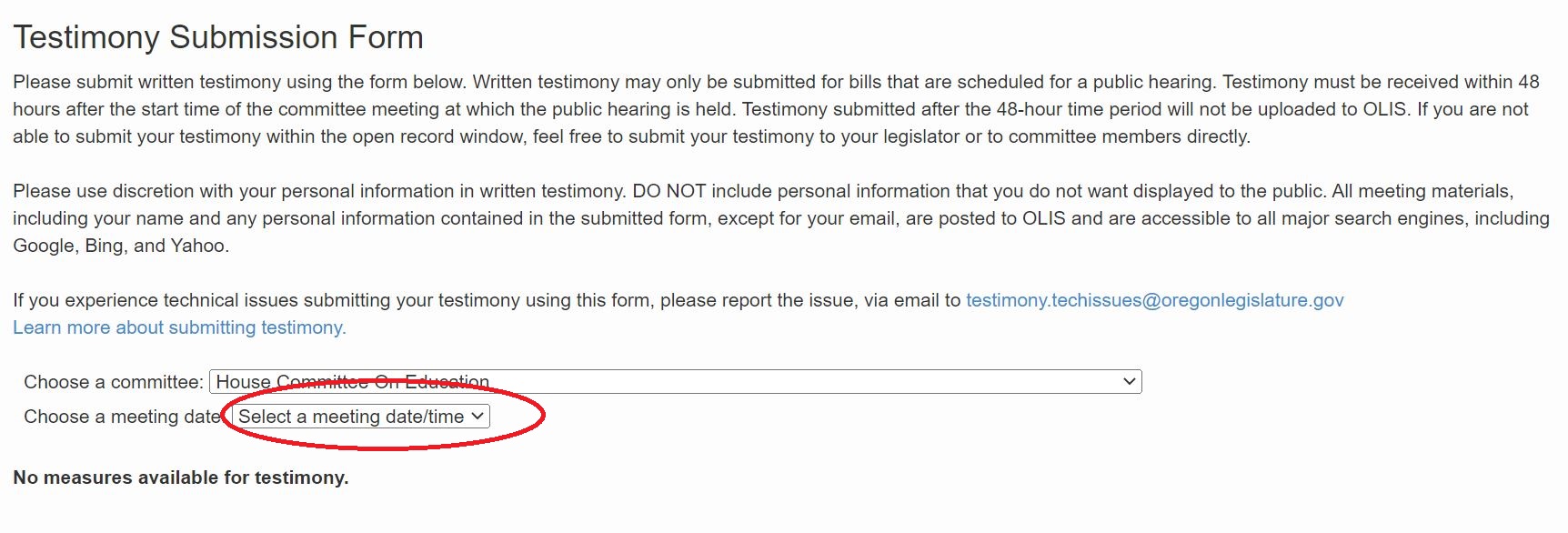 Testimony Submission Form-Select a meeting date