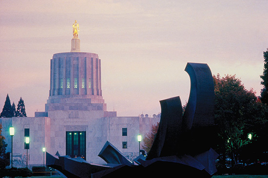 The State Capitol at dusk.