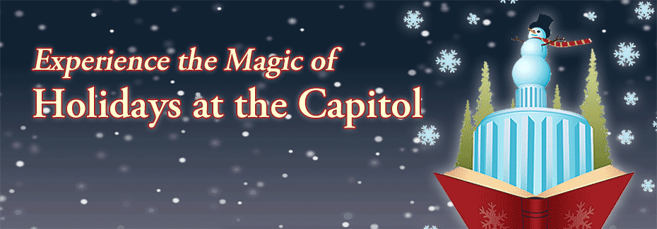 snowflakes falling around the Capitol Rotunda with a snowman on top